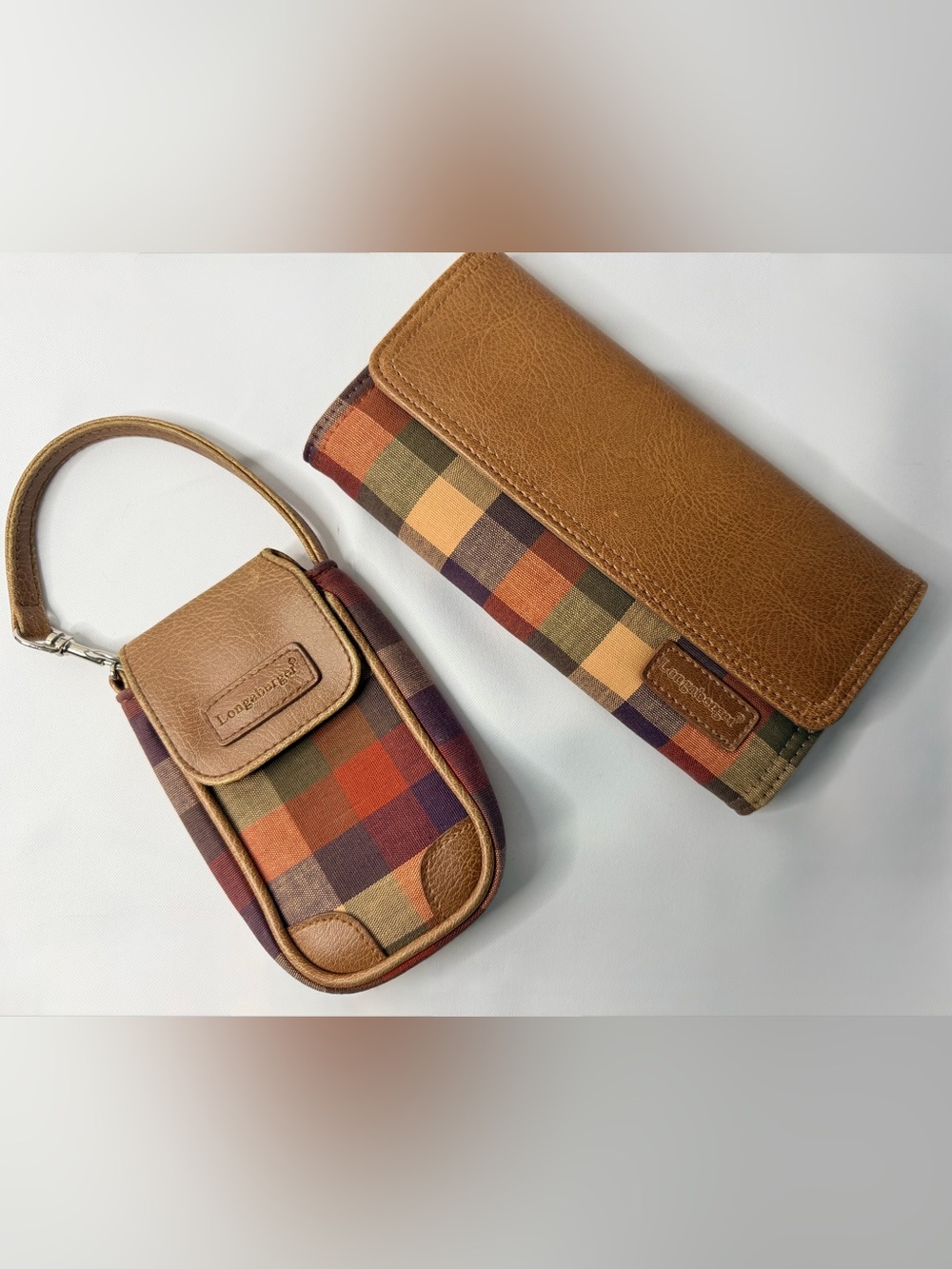 Vintage Longaberger Homestead Plaid Wallet and Cell Phone Holder Wristlet Set